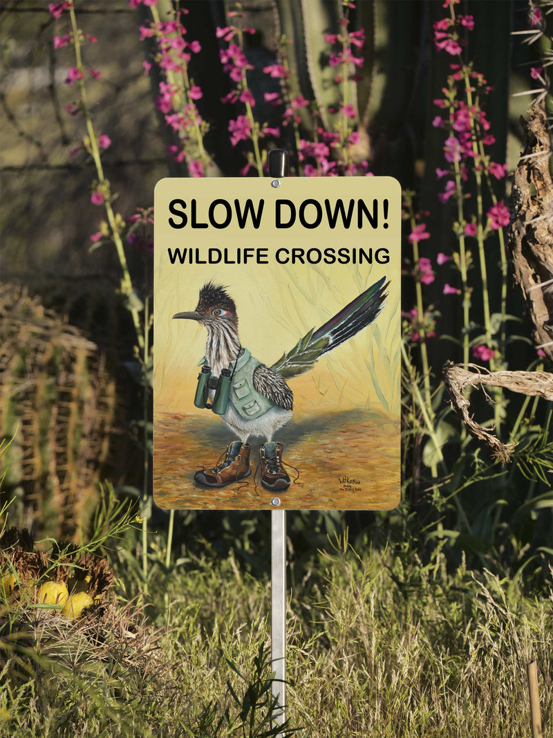 Buddy! Slow down for wildlife roadrunner sign